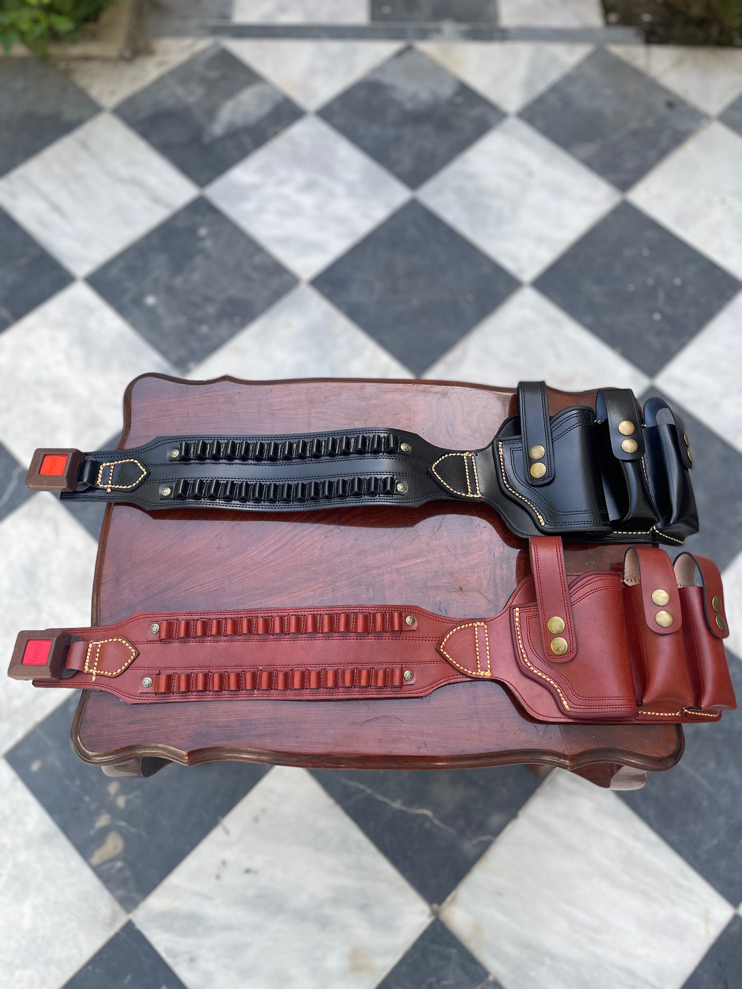 Hande crafted Double magazine double round line leather holster(9mm/30b)