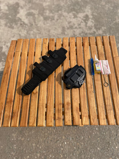 3 in 1 deal, 1x Black round belly belt, 1x leather iwb/owb clipper, 1x cleaning kit