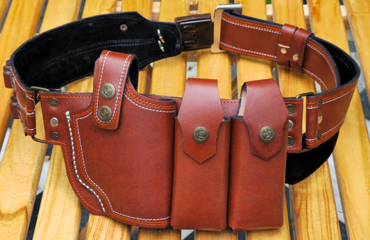 Hande crafted Double magazine double round line leather holster(9mm/30b)